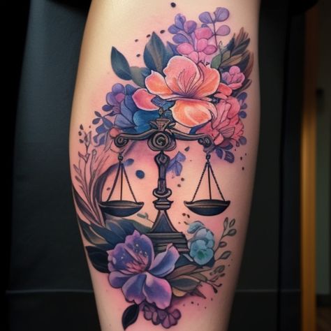 Libra tattoo floral Style abstract 01 Tattoo Scales Balance, Libra Tree Tattoo, Libra Leg Tattoos Women, Large Libra Tattoo, Libra Thigh Tattoo, Libra Scale Tattoo Women, Libra Tattoo Ideas For Women, Libra Goddess Tattoo, Libra Scale Tattoo