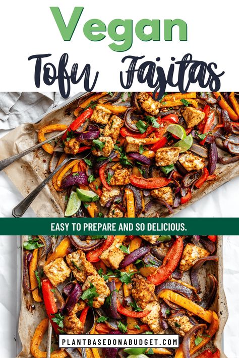 Tofu Fajitas Tofu Fajitas, Pan Tofu, Vegan Fajitas, Fajita Vegetables, Soy Curls, Fajita Bowls, Seasoned Veggies, Vegan Mexican Recipes, Vegan Tofu