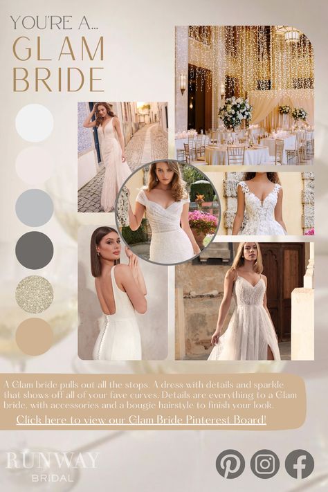 You're a Glam bride! Visit our Glam Bride Mood Board for inspo and view our wedding gown collection at www.runwaybridal.ca Glam Mood Board, Wedding Mood Board Ideas, Runway Bridal, Bridal Glam, Glam Bride, College Work, Fashion Themes, Glam Wedding, Wedding Mood Board