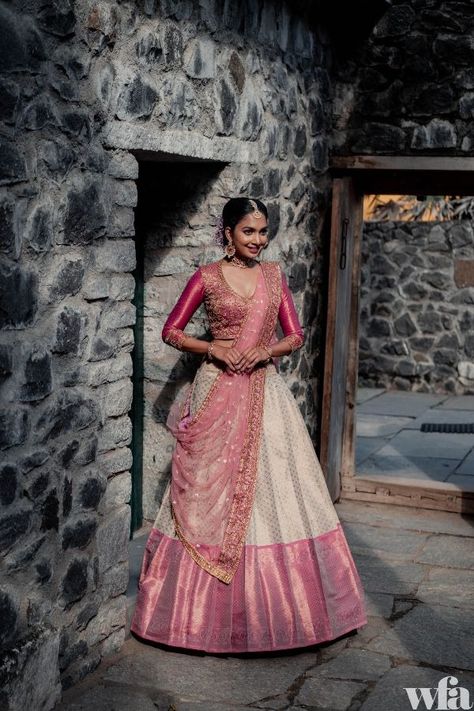 10+ Best Bridal Lehenga Stores In Chennai – Check It Out! - SetMyWed South India Lehangas, Half Saree Look For Engagement, Half Saree Modern Style, Saree To Half Saree Designs, Pleated Lehenga Indian Weddings, Pink And White Half Saree, Half Saree Styles Traditional, Full Hands Blouse Designs For Lehenga, Pleated Half Saree