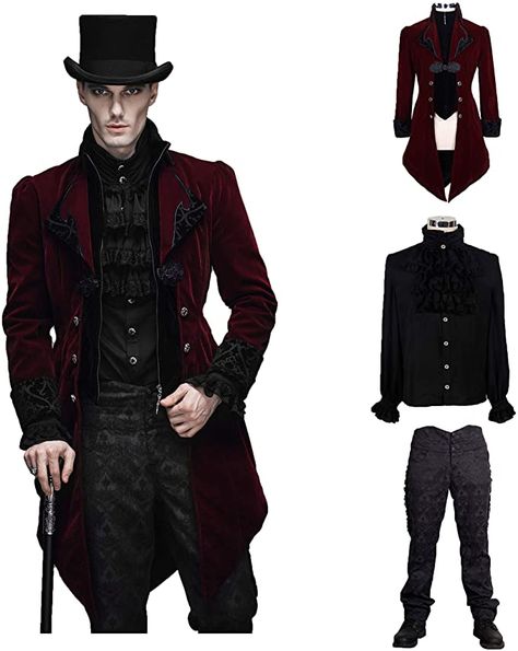 Devil Fashion Men Victorian Gothic Vintage 3-Piece Suit Tailcoat Shirts Pants Set Gothic Runway, Masquerade Suit, Victorian Vampire Costume, Gothic Fashion Men, Gothic Suit, Victorian Mens Fashion, Victorian Coat, Mens Aesthetic, Gothic Ideas