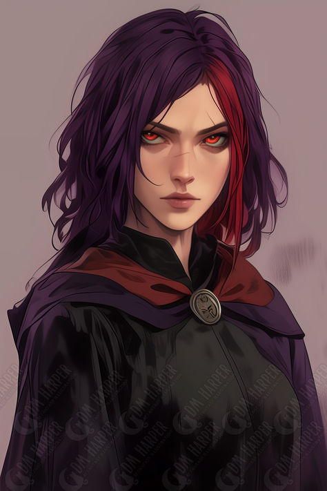 Seraphuna Blackthistle, Human Wizard (Purple Hair, Red Eyes alternative) Marilith Dnd, Female Mage Pose, Witch Dnd Art, Arcane Archer Dnd, Young Witch Character Design, Arcane Character Art, Female Noble Character Art, Rouge Dnd Character Concept, Red Haired Vampire