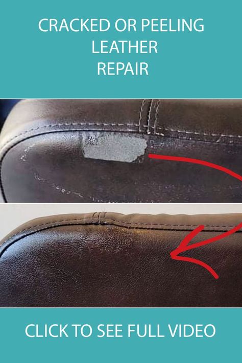 The pin shows a leather patch being applied to an area where leather is missing. The bonded leather appears repaired in the bottom portion while the damaged vinyl or leather is in the upper portion. Couch Repair Diy, Bonded Leather Repair, Leather Car Seat Repair, Car Detailing Diy, Leather Couch Repair, Leather Furniture Repair, Handbag Repair, Diy Furniture Repair, Couch Repair