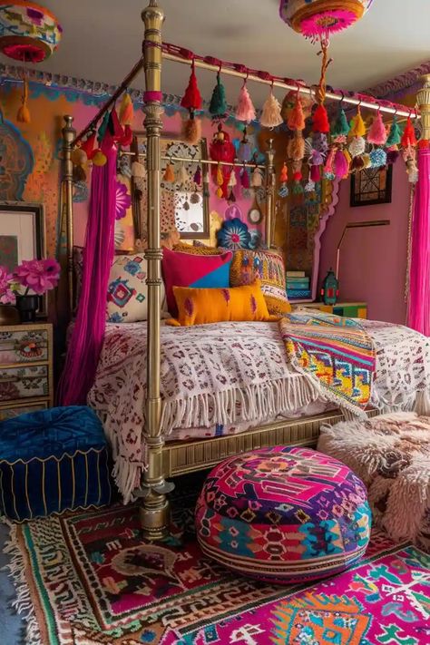 31 Stunning Boho Bedroom Ideas - DailyHomeSafety Spunky Bedroom Ideas, Bright Boho Bedroom Ideas, Native American Themed Bedroom, High Up Bed, Gypsycore Bedroom, Neon Boho Bedroom, Rented Room Decor, Pink Eclectic Bedroom, Bright Cozy Bedroom