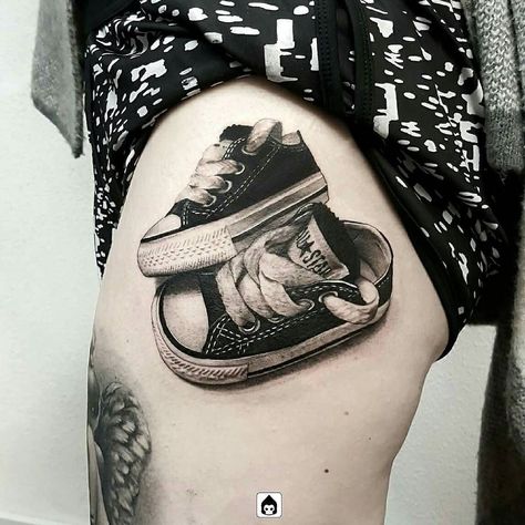 Converse All-star Shoe tattoo by @lukeslayer1 at Samsara Custom Tattoo in Kendal England #lukeslayer1 #lukeslayer #samsaracustomtattoo #kendal #england #converse #converseallstar #conversetattoo #converseallstartattoo #shoetattoo #sneakertattoo #tattoo #tattoos #tattoosnob Converse Tattoo, Shoes Tattoo, Shoe Tattoos, P Tattoo, World Famous Tattoo Ink, Unusual Tattoo, Back Piece Tattoo, Epic Tattoo, Famous Tattoos