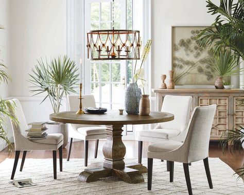 Arhaus on Instagram: “There’s always a good view around a round table! What shape is your dining table?” Dining Table Cottage, Dining Round Table, Wood Round Dining Table, Arhaus Furniture, Condo Ideas, Faux Leather Dining Chairs, Dining Table Bases, Dining Nook, Table Seating