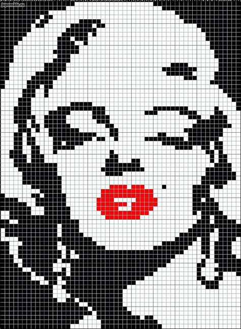 Marilyn Monroe in black and white with red lips pattern / chart for cross stitch, knitting, knotting, beading, weaving, pixel art, and other crafting projects. Pixel Art Coeur, Intarsia Knitting, Pola Kristik, Pixel Pattern, Crochet Tapestry, Tapestry Crochet, Crochet Chart, Loom Patterns, Plastic Canvas Patterns