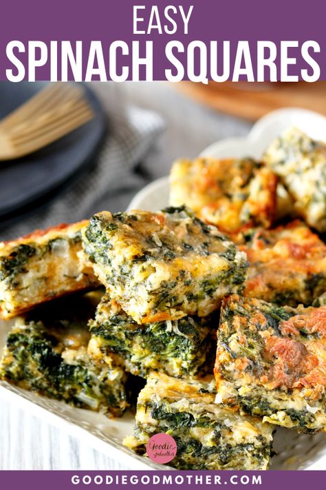 You'll love this easy, cheesy spinach squares recipe! This retro appetizer recipe is a must-save for effortless entertaining. You can even bake ahead and freeze! #easyappetizer #spinachsquares #makeahead #appetizer Spinach And Cheese Appetizers, Hungry Happens Spinach And Feta Brownies, Spinach Artichoke Bars, Spinach Cheese Bars, Spinach Bars Recipe, Leftover Creamed Spinach Recipes, Spinach Artichoke Squares, Mini Spinach Pies, Spinach Cheese Squares