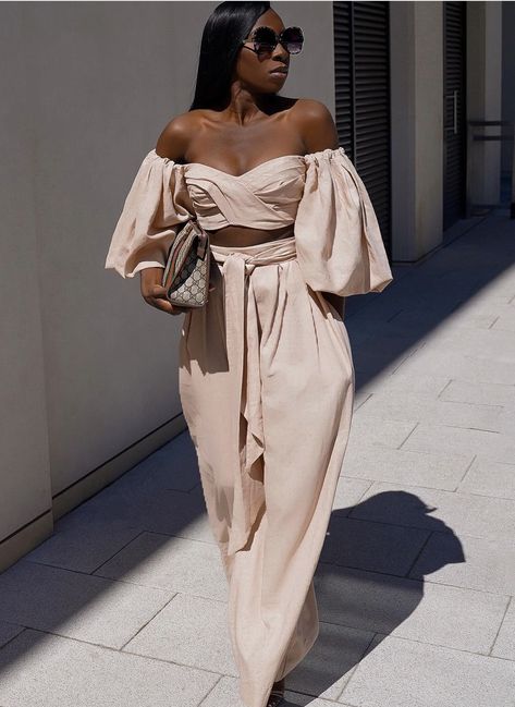 Luxury Beige Maxi Dress For Brunch, Nude Dress Outfit Classy, Linen 2 Piece Outfit For Women, Neutral Glam Black Women, Elegant Beige Maxi Dress For Brunch, Shades Of Brown Brunch Outfit, Flirty Beige Dress For Brunch, Shades Of Nude Outfit, Island Chic Outfit