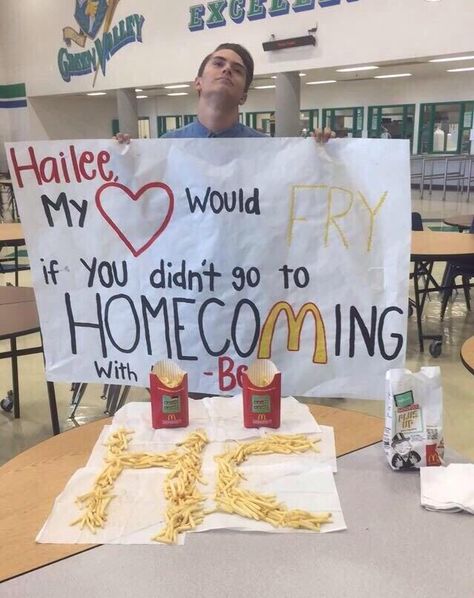 "OMG YOU GOT ME FRIES?!: 'Uh, yeah but do-' "OMFG YOU BOUGHT FRIES FOR ME!" 'Nat-' "I LOVE FRIES!!!!" 'But what about homecom-' "YES!!! I'LL GO WITH YOU!! YOU BOUGHT ME FOOD!!!!" -me Cute Promposals, Formal Proposals, Prom Proposals, Cute Homecoming Proposals, Cute Prom Proposals, Asking To Prom, Dance Proposal, Sadie Hawkins, High School Dance