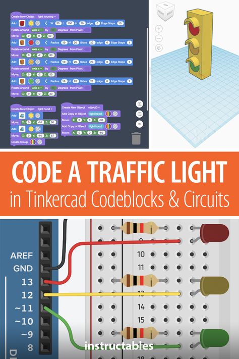 Use Tinkercad Codeblocks and Circuits to design and code a traffic light. #Instructables #education #electronics #technology #Arduino Tinkercad Circuits, Projects Science, Stem School, Code Blocks, Retro Computer, Computer Coding, 3d Printer Projects, Study Board, Light Board