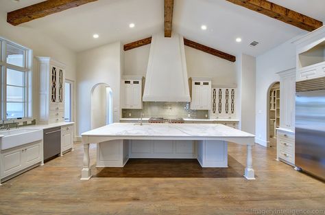 Hood Fans, Beam Ideas, Georgiana Design, Ivory Kitchen, Vaulted Ceiling Kitchen, Island Hood, Hardware Ideas, Mediterranean Kitchen, Huge Kitchen