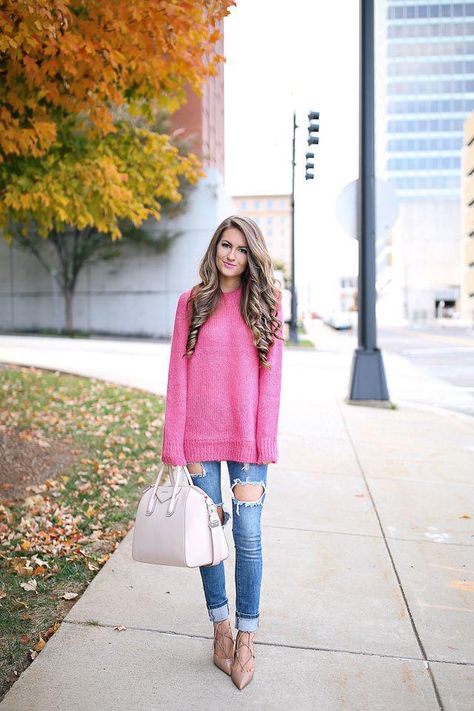 Skinny Jeans Denim Dark Blue Jeans and pink sweater,buy here,only best of ZAFUL!!! #sweater #jean… Style A Pink Sweater, Pink Sweater Outfit, Turtleneck Sweater Outfit, Neon Prom Dresses, Southern Curls And Pearls, Pink Turtleneck, Pink Turtleneck Sweater, Ripped Jeans Outfit, Hot Pink Sweater