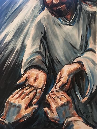 18x24" acrylic on canvas. An illustration of John 20 when Jesus appears to doubting Thomas after his resurrection.   Then he said to Thomas, “Put your finger here; see my hands. Reach out your hand and put it into my side. Stop doubting and believe.” John 20:27 NIV Jesus Hand Reaching Out, Jesus Reaching Out His Hand, Jesus Animation, John 20, Doubting Thomas, Easter Paintings, Jesus Photo, Christian Artwork, Bible Pictures