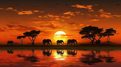 African Scenery Landscapes, Afrika Aesthetic, Africa Sunrise, Safari Background, Safari Silhouette, Sunset Cake, Realistic Elephant Tattoo, African Safari Theme, Africa Sunset