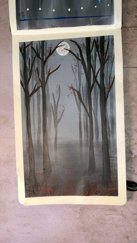 Dark Paintings Creepy Easy, Forest Drawing Easy, Acrylic Sketchbook, Halloween Mat, Creepy Forest, Forest Halloween, Halloween Mats, Forest Drawing, Dark Paintings