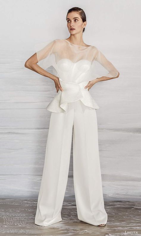 Weddinginspirasi.com featuring - liretta 2021 bridal sheer short sleeve bateau neck top sweetheart neckline pants wedding dress (11) mv -- Liretta 2021 Wedding Dresses #wedding #weddings #bridal #weddingdress #weddingdresses #bride #fashion #collection:DeepWater #label:Liretta #week:372020 #year:2021 ~ Pants Dress Wedding, Pant Wedding Dress, Bridal Top And Pants, Wedding Pant Suits For Women Bridal, Short Dress With Pants, Womens Wedding Suit, Pant Suit Wedding, Wedding Dress Pants, Pants Wedding Dress