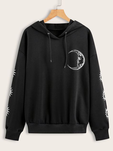 Sun & Moon Print Drawstring Hoodie | SHEIN USA Stylish Hoodies, Dropped Shoulder Sweatshirt, Moon Print, Moon And Stars, Printed Drawstring, Teenage Fashion Outfits, Drawstring Hoodie, Crop Sweatshirt, Sun Moon