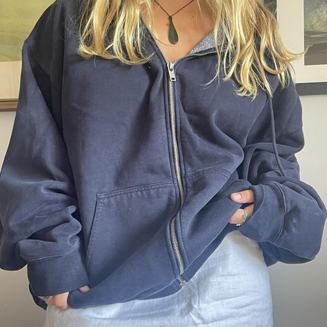 brandy melville oversized navy zip up hoodie  size... - Depop Navy Zip Up Outfit, Dark Blue Zip Up Hoodie Outfit, Brandy Zip Up, Navy Zip Up Hoodie Outfit, Brandy Hoodies, Brandy Melville Hoodies, Brandy Melville Zip Up Hoodie, Brandy Melville Christy Hoodie, Brandy Hoodie