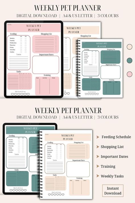 A digital planner for pets with areas for feeding, training, shopping lists, important dates and task. The PDF is in 3 different colours, a neutral beige, light pink and blue. Pet Care Planner, Pet Planner, Journal Goodnotes, Shopping List Planner, Goodnotes Template, Date Activities, Schedule Planner, Journal Printable, Important Dates