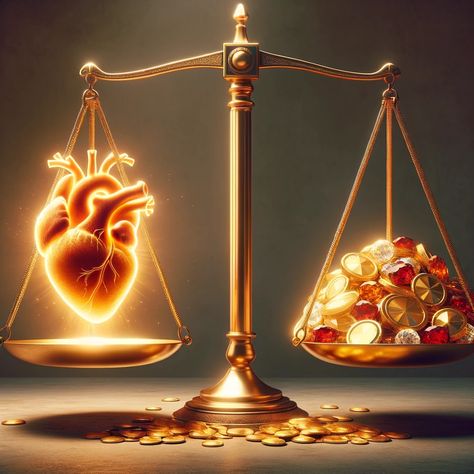 A thought-provoking illustration symbolizing Proverbs 16:8, showing a scale of justice. On one side, there's a bright, radiant heart representing righteousness and ethical integrity. The heart glows with a warm, golden light, emphasizing its value. On the other side, a pile of gold coins and jewels, symbolizing wealth obtained through unjust means, appears dull and less significant in... Pile Of Jewels, Bible Verses For Men, Pile Of Gold Coins, Jesus Gif, Scale Of Justice, Jesus Love Images, Golden Mean, Bible Artwork, Christian Backgrounds