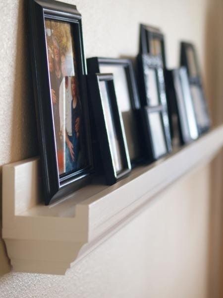 Aesthetic contemporary wall ledges for displaying frames Diy Picture Ledge, Diy Ledge, Crown Molding Shelf, Photo Shelf, Photo Ledge, Ledge Shelf, Picture Shelves, Picture Ledge, How To Hang