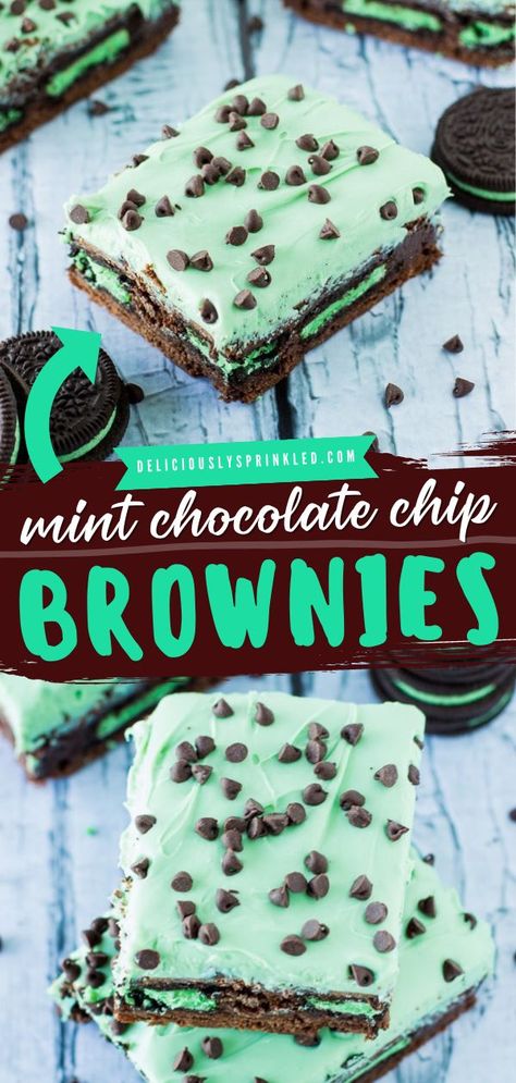 Mint Chocolate Chip Brownies, st. patrick's day food, easy desserts to impress Chocolate Chip Brownies Recipe, Mint Chocolate Recipes, St Patrick's Day Food, Mint Chocolate Desserts, Desserts With Chocolate Chips, Mint Desserts, Mint Chocolate Cake, Chocolate Chip Brownies, Holiday Baking Recipes