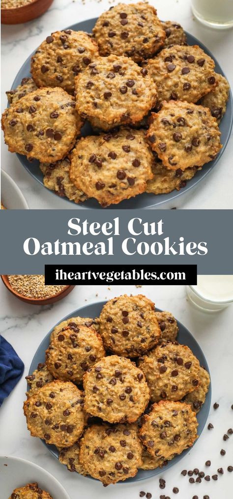 These tasty chocolate chip oatmeal cookies are made with steel cut oats for a uniquely chewy texture. Give these delicious cookies a try! Steel Cut Oatmeal Cookies, Oats Snack, Quick Oat Recipes, Healthy Oat Cookies, Steel Cut Oatmeal Recipes, Oatmeal Cookie Recipes Healthy, Chocolate Oat Cookies, Oat Chocolate Chip Cookies, Oat Cookie Recipe