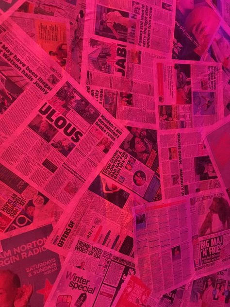 Pink Newspaper, Newspaper Collage, Newspaper Background, Newspaper Wall, Backgrounds Girly, Newspaper Art, Collage Art Projects, Design Board, Art Installation