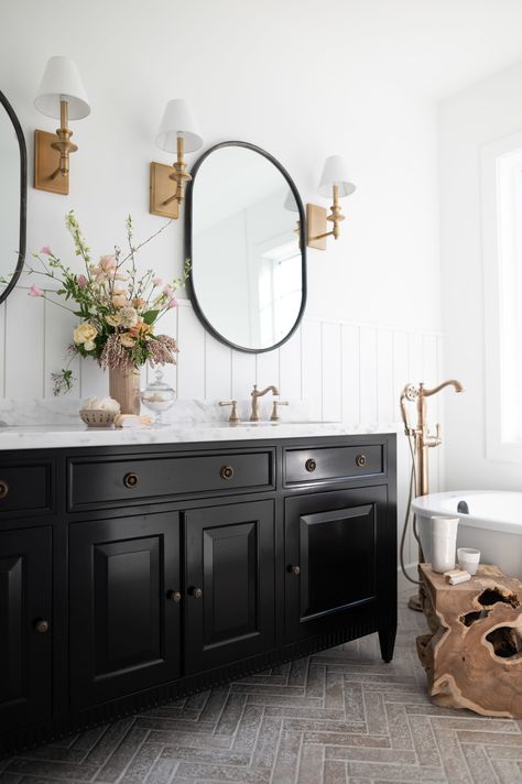 A Classically-Inspired New Build Project Reveal - The Identité Collective Black Oval Mirror, Off White Cabinets, Build Home, Black Vanity Bathroom, Best White Paint, Colonial Exterior, Black Vanity, Oval Mirror, New Build