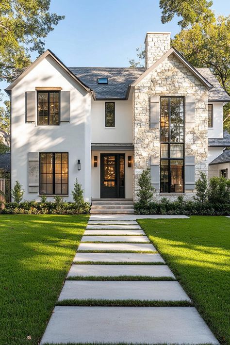 Modern cotteage facade white on the left stone mosaic on the right large white windows grey shutters on the stone mosaic side of the house front. Stay ahead of the curve and make your neighbors green with envy by uncovering the latest, eye-popping house exterior trends. Exterior Windows With Shutters, Houses Front View, American House Facade, White House Front Yard, White Brick House White Windows, Stone On Front Of House Exterior, Mixed Brick House Exterior, White House With Brick Accents, Stone And White Exterior