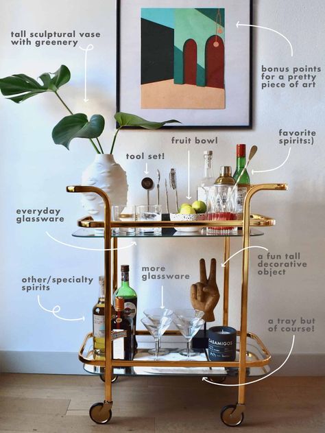 The NO-FAIL, EHD Approved Bar Cart Styling Formula... Just In Time For The Weekend - Emily Henderson Ice Bucket Bar Cart, Creative Bar Cart Ideas, Modern Bar Cart Ideas, Bartesian Cocktail Maker Bar Cart, Coin Bar Salon, Bar Cart Inspo, Ikea Bar Cart, Bar Cart Inspiration, Perfect Bar Cart