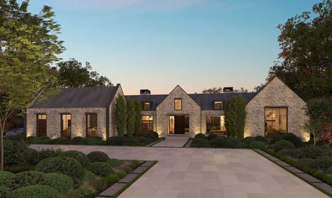 Scandinavian Ranch House Exterior, Modern Mediterranean Farmhouse Exterior, Contemporary Country Home Exterior, Entryway Layout House Plans, Texas Hill Country Homes Exterior, English Modern House, Bungalow House Interior Design, Timeless House Design, French Modern Exterior