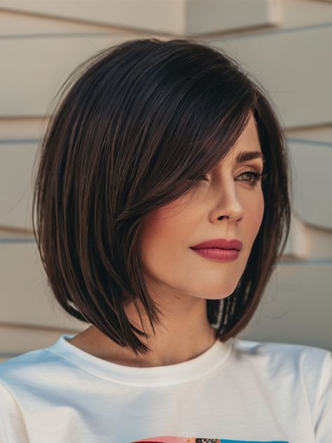 Short Winter Haircuts: 27 Trendy Ideas for 2024-2025 - Fall Update 2024 Trendy Haircuts 2024 Women, Bob Haircuts 2024, Chocolate Brown Hair Bob, Womens Haircuts 2024, Short Bob Thick Hair, Winter Short Hair, Short Haircuts For Fine Flat Hair, Winter Haircut, Brown Bob Hair