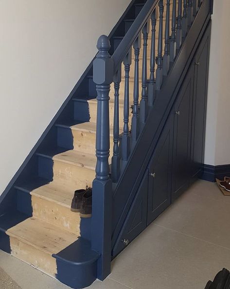 Navy Staircase Banister, Navy Bannister Rail, Navy Blue Banister, Hague Blue Staircase, Navy Painted Stairs, Coloured Banisters Stairways, Navy Blue Staircase, Navy Banister, Navy Blue Stairs