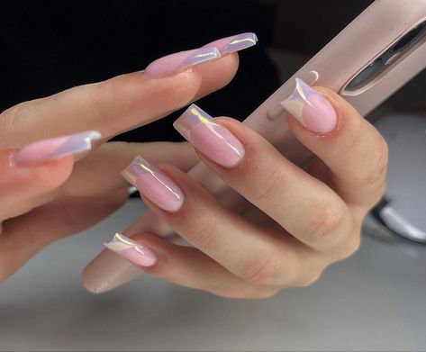 Nail Fill In Acrylic Ideas, Coffin Simple Nails, Nails Inspiration Square, Simple Snowflake Nails, Trendy Square Nails, Iconic Nails, Square Nails Ideas, Pink Chrome Nails, Long Acrylic Nails Coffin