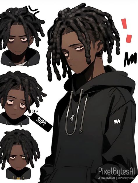 Black Dreads Drawing, Dread Character Design, Hair Dreads Drawing, Locks Drawing Reference, Dreads Men Drawing, Dreads Character Design, Black Manga Characters Male, Black Oc Design, Dreds Locs Drawing Reference