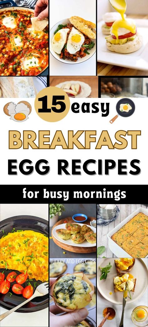 An image collage of breakfast egg recipes representing different egg breakfast ideas. The text overlay reads "15 easy breakfast egg recipes" representing breakfast to make with eggs Healthy Egg Ideas, Easy Breakfast Eggs, Egg Breakfast Ideas Healthy, Make Ahead Egg Breakfast, Quick Breakfast Ideas Eggs, Best Egg Breakfast, Super Easy Breakfast Ideas, Food With Eggs, Meals With Eggs