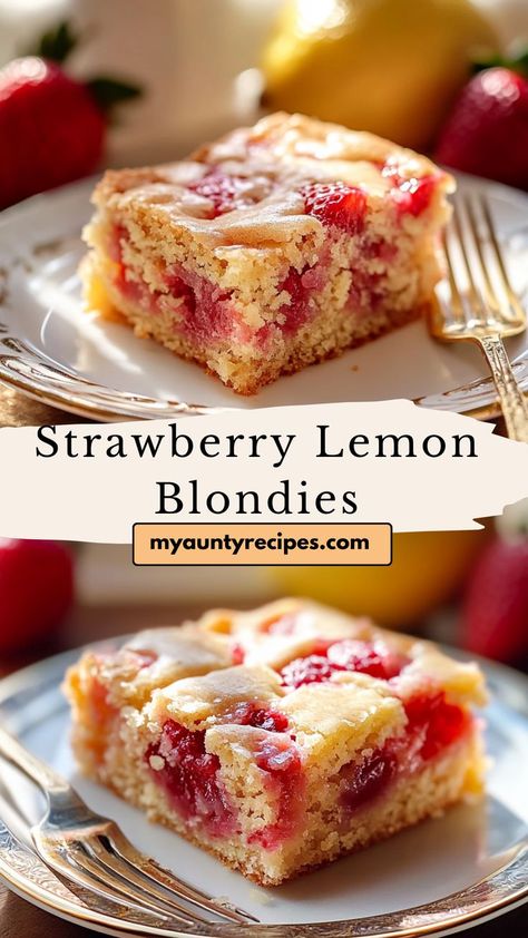 Enjoy the zesty flavors of strawberry and lemon in these delicious blondies! Perfectly chewy with fresh strawberry bites and a touch of lemon zest, these blondies bring a refreshing twist to classic dessert bars, making them ideal for warm weather days. Strawberry Lemon Bars, Strawberry Lemon Blondies, Lemon Blondies, Strawberry Bites, Cake Bars Recipe, Strawberry Bars, Blondies Recipe, Strawberry Cookies, Strawberry Lemon