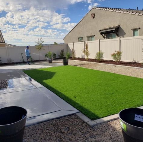 Simple Artificial Grass Backyard, Large Rectangle Backyard Ideas, Turf With Paver Border, Backyard Patio Designs Artificial Turf, Grass And Cement Backyard, Small Backyard Turf Ideas, Basic Backyard Landscaping, New Build Backyard Landscaping Ideas, Rectangular Backyard Design Layout