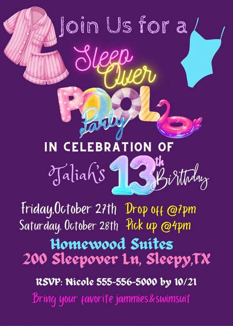 Sleepover pool party Sleepover Flyer, Hotel Pool Party, Swim Party Invitations, Night Pool Party, 13th Birthday Party, Sleepover Invitations, 11 Birthday, Pijama Party, 13 Birthday