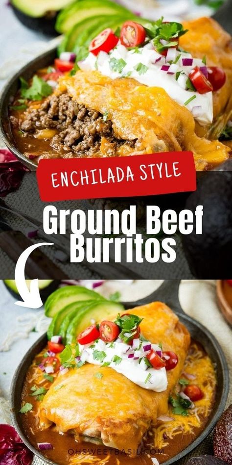 Ground Beef Burritos, Beef Burritos, Tacos Burritos, Ground Beef Tacos, Mexican Tacos, Burritos Recipe, Tacos And Burritos, Red Enchilada Sauce, Ground Beef Recipes For Dinner