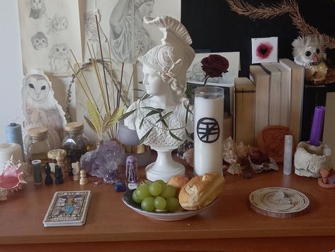 I fixed my altar (again) :") Altar For Athena, Hellenic Altar Ideas, Altar To Athena, Athena Alter Ideas, Lucifer Altar Ideas, Deity Altar Ideas, Greek God Altar Ideas, Athena Altar Ideas, Hellenic Polytheism Altar