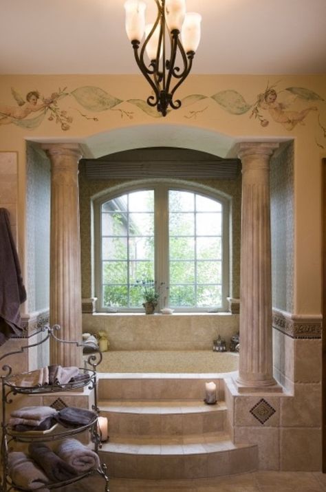 Perfect inset roman style tub Roman Bathroom, Hacienda House, Beautiful Bathtubs, Luxury Bathtub, Eclectic Bathroom, Regal Design, Roman Style, Dream Bathrooms, Bath Room