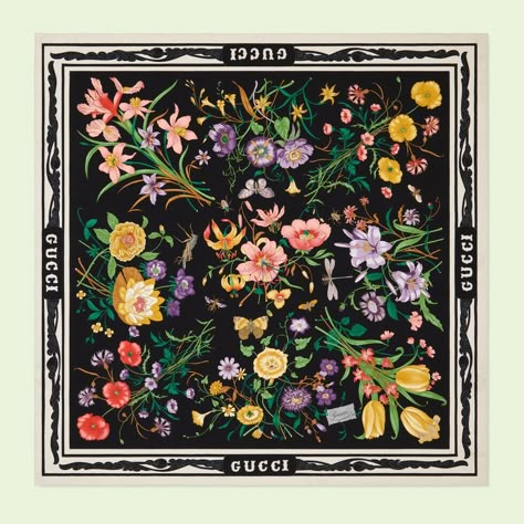 Scarf Design Ideas, Tactical Design, Print Scarf Design, Hijab Design, Black Silk Scarf, Scarf Designs, Gucci Floral, Ss 2024, Gucci Scarf