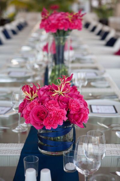 Navy Centerpieces, Fuchsia Wedding, Hot Pink Weddings, Great Gatsby Party, Pink Table, Navy Blue Wedding, Navy Wedding, Long Table, Mexico Wedding