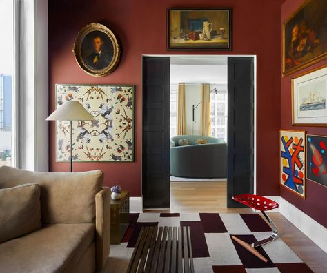 Step Inside a New York City Apartment That Perfectly Marries Old and New | Architectural Digest His Obsession, Narrow Rooms, Mahogany Table, New York City Apartment, Modern Interior Decor, New Condo, New York Apartment, Stool Design, Custom Sofa