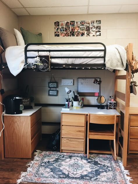 dorm #college #dorm #libertyuniversity #thecircle Lofted Room, Lofted Beds, College Dorm Room Ideas, College Bedroom Decor, Dorm Room Layouts, College Dorm Room Inspiration, Diy Dorm, Dorm Room Styles, Cozy Dorm Room