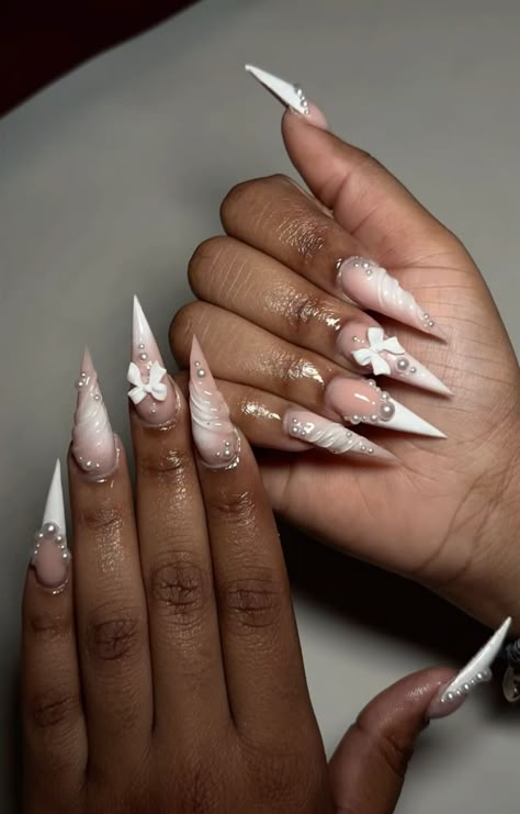 White Acrylic Nails With Design Summer, Long Nails Stiletto Design, Pearl Nails Design, Bling Wedding Nails, White Stiletto Nails, Stilleto Nails Designs, Purple Acrylic Nails, French Tip Acrylic Nails, Cute Acrylic Nail Designs