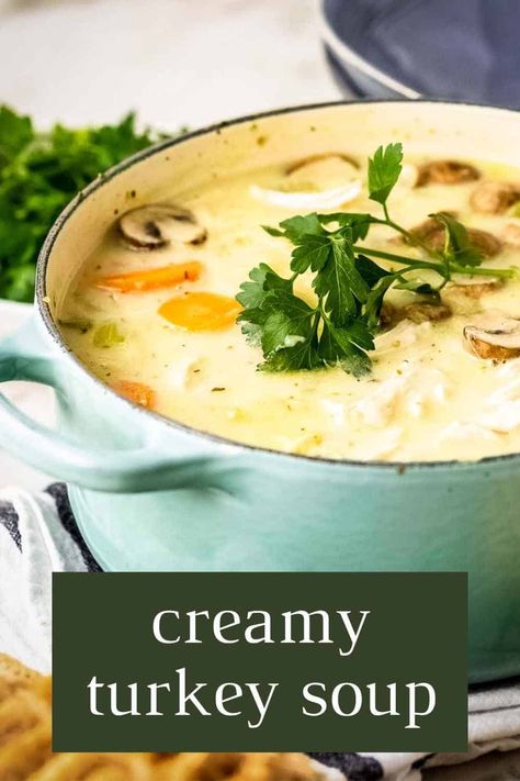 You’ll love this rich, Creamy Turkey Soup. Loaded with protein, noodles, and veggies, this comforting dish is perfect to serve in the cold winter months! It’s great for using up your leftover turkey from Thanksgiving or Christmas dinner. With so much flavor, this hearty and satisfying soup will become a new family favorite! #creamyturkeysoup #turkeynoodlesoup #leftoverturkeysoup #leftoverturkeyrecipes #dizzybusyandhungry Creamy Turkey Noodle Soup Homemade, Cream Turkey Soup, Turkey Cream Soup, Turkey Soup Creamy, Turkey Curry Soup, Creamy Turkey Soup From Carcass Recipes, Turkey Breast Soup Recipes, Turkey Chowder Soup, Creamy Turkey Soup Recipes